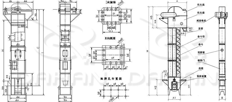 TD/D型斗式提升機基本結(jié)構(gòu):機頭蓋，機頭座，減速電機，直管，底座，緊張裝置等。
