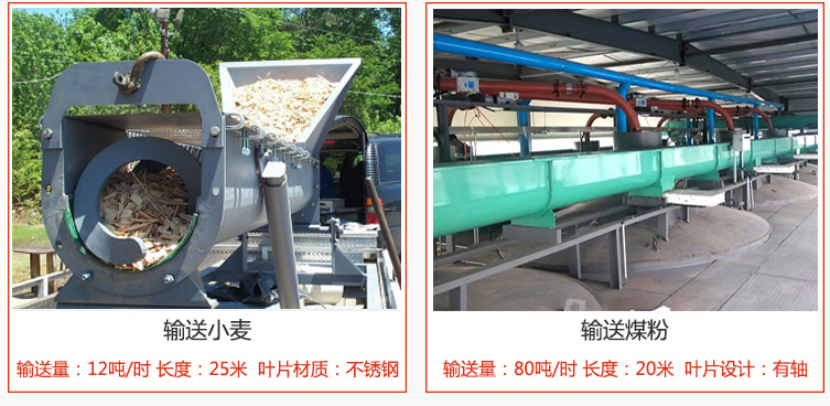絞龍螺旋輸送機(jī)輸送小麥輸送量在12噸/時(shí)，長度為25米，葉片采用不銹鋼材質(zhì)；輸送水泥輸送量在80噸/時(shí)，長度為20米，葉片設(shè)計(jì)為有軸。