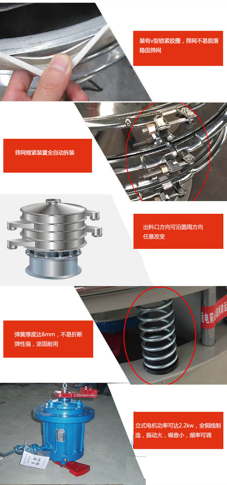 裝有V型鎖緊膠圈，使篩網(wǎng)不易脫落穩(wěn)固篩網(wǎng)，篩網(wǎng)鎖緊裝置，全自動拆裝，出料口方向可沿圓周方向任意改變。彈簧厚度達(dá)6mm，不易折斷，彈性強，堅固耐用。專業(yè)的振動電機(jī)，全銅線制造，振動大，機(jī)械噪音小，頻率可調(diào)。產(chǎn)品對比:材質(zhì)：大漢振動篩廠家采用304不銹鋼材質(zhì)耐腐蝕性，耐熱性強。個別廠家采用其它金屬材質(zhì)，耐腐蝕性，耐熱性差蒸發(fā)緩慢，烘干效率較低。大漢振動篩廠家采用金屬編織網(wǎng)，篩分精度高，效率高，篩網(wǎng)利用率高。