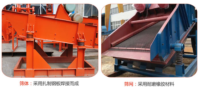 礦用振動篩特點：篩體采用扎制鋼板焊接而成，篩網(wǎng)采用耐磨橡膠材質(zhì)