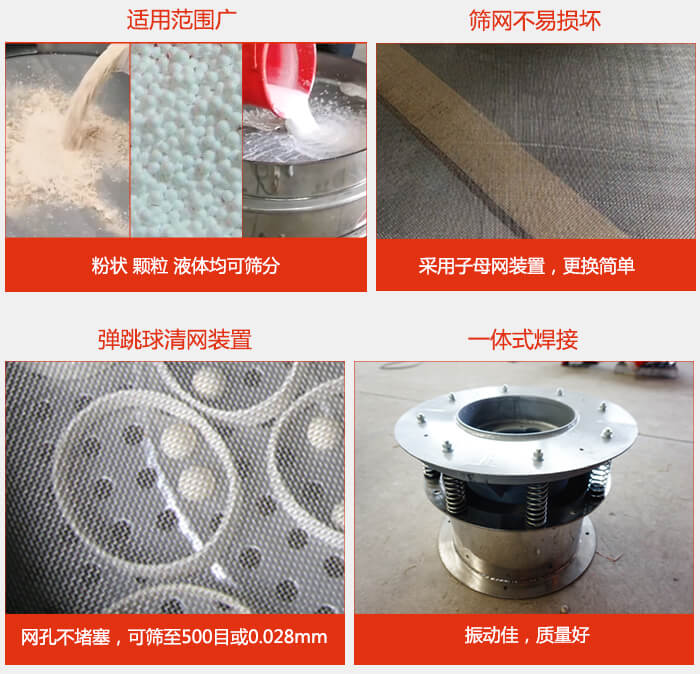 食品振動篩特點：1，效率高？：效率高，設(shè)計精巧耐用，任何粉類，粘液軍可篩分。2，操作簡單采用優(yōu)質(zhì)材料，換網(wǎng)容易，操作簡單，清洗方便。3，網(wǎng)孔不堵塞粉末不飛揚，可篩至500目或0.028mm4，精細(xì)做工產(chǎn)品經(jīng)過嚴(yán)格加工程序，做工精細(xì)美觀耐用。5，獨特網(wǎng)架設(shè)計篩網(wǎng)使用時間長久，換網(wǎng)只需3-5分鐘。