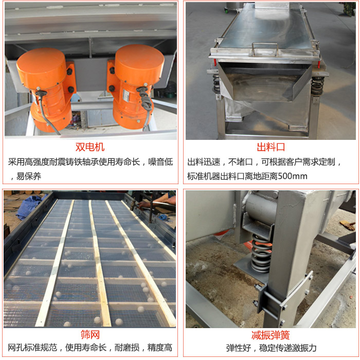 線振動篩配件優(yōu)勢：雙電機采用高強度耐震鑄鐵軸承使用壽命長，噪音低，易保養(yǎng)，出料口：出料迅速，不堵口，可根據(jù)客戶需求定制標準機器出料口離地距離500mm。篩網(wǎng)：網(wǎng)孔標準規(guī)范，使用壽命長，耐磨損，精度高。減震彈簧彈性好，穩(wěn)定傳遞激振力。