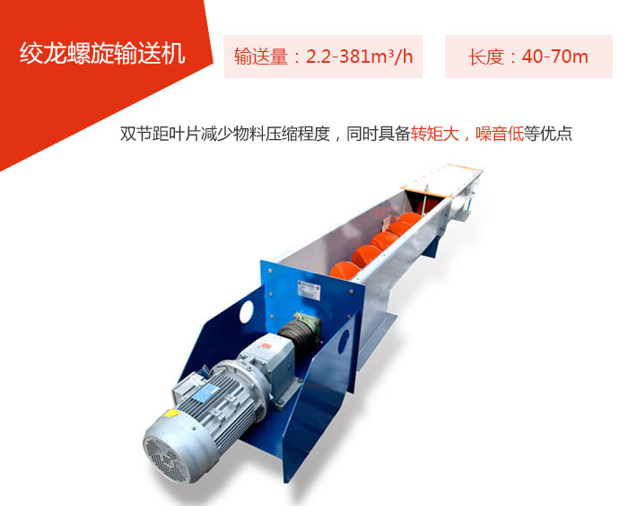 絞龍螺旋輸送機(jī)輸送量：2.2-381m3/h 長度：40-70m 雙節(jié)距葉片減少物料壓縮程度，同時(shí)具備轉(zhuǎn)矩大，噪音低等優(yōu)點(diǎn)。
