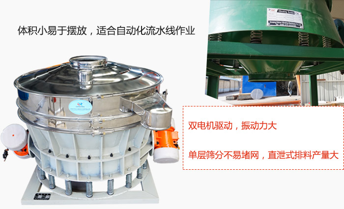 雙電機(jī)驅(qū)動(dòng)，振動(dòng)力大，單層篩分不易堵網(wǎng)，直泄式排料產(chǎn)量大