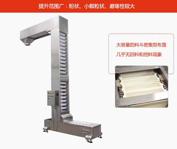 Z型斗式提升機的提升范圍廣：粉狀，小顆粒狀，磨琢性較大的物料都可輸送。