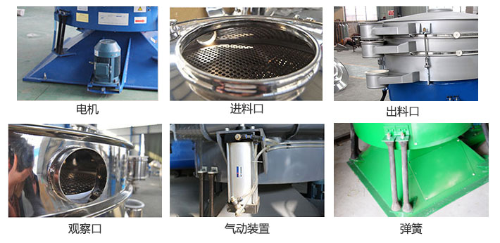 搖擺篩分機(jī)由進(jìn)料口，出料口，觀察口，電機(jī)，彈簧，氣動(dòng)裝置等部件組成