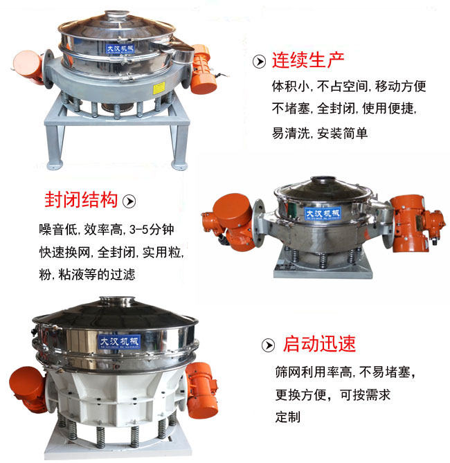 直徑1000mm直排篩特點(diǎn)：連續(xù)生產(chǎn)：體積小，不占空間，移動方便，不堵塞，全封閉，使用便捷，易清洗，安裝簡單。封閉結(jié)構(gòu)：噪音低，效率高，3-5分鐘，快速換網(wǎng)，全封閉，實用粒，粉粘液等的過濾。啟動迅速：篩網(wǎng)利用率高，不易堵塞，更換方便，可按需求定制。