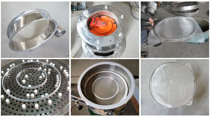 不銹鋼小型振動篩細(xì)節(jié)：振動篩篩框，振動電機(jī)座，篩網(wǎng)，彈跳球，密封圈，篩網(wǎng)網(wǎng)架。