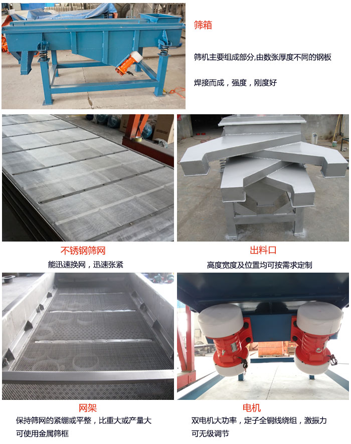 520型直線振動篩結構：篩箱：篩機主要組成部分，由數張厚度不同的鋼板焊制而成，強度，剛度好。不銹鋼篩網：能迅速換網，迅速張緊。電機：雙電機大功率，定子全銅線繞組，激振力可無極調節(jié)。網架：保持篩網的緊繃和平整，比重大或產量大時可使用金屬篩框。出料口：高度寬度及位置均可按照用戶的要求來定制。
