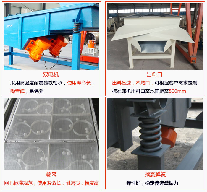 1030直線振動篩雙電機(jī)采用高強(qiáng)度耐震鑄鐵軸承使用壽命長、噪音低，易保養(yǎng)；出料口排料迅速，不堵口，可根據(jù)客戶需求定制，標(biāo)準(zhǔn)機(jī)器出料口離地面距離500mm;篩網(wǎng)網(wǎng)孔標(biāo)準(zhǔn)規(guī)范、使用壽命長，耐磨損、精度高；減震彈簧：彈性好，穩(wěn)定傳遞激振力。