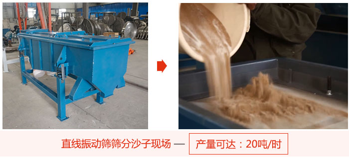 直線振動篩篩分沙子現(xiàn)場展示，產(chǎn)量高達20噸每小時。