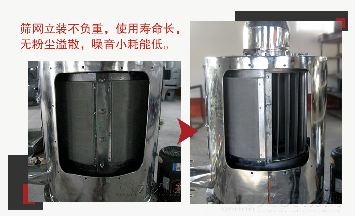 氣流篩采用立式篩網(wǎng)，不受物料的沖擊力的影響，篩網(wǎng)使用壽命長