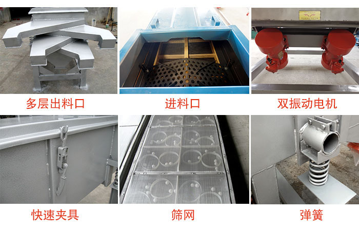 多層直線振動(dòng)篩出料口，篩網(wǎng)，彈簧，快速夾具，振動(dòng)電機(jī)等