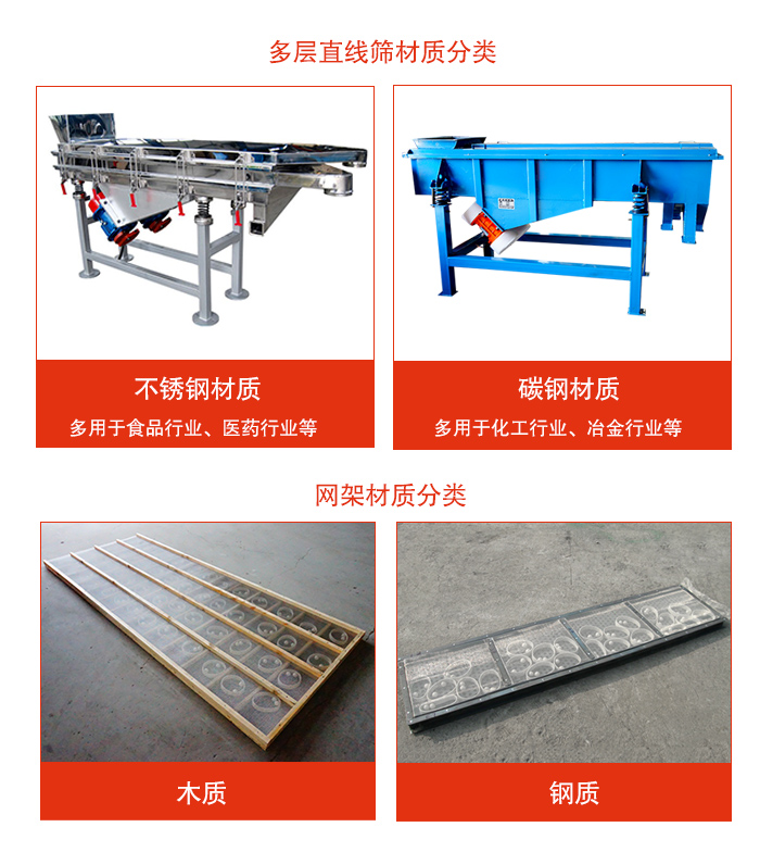 多層直線振動(dòng)篩材質(zhì)有：不銹鋼，碳鋼；網(wǎng)架材質(zhì)有木質(zhì)，鋼質(zhì)等。