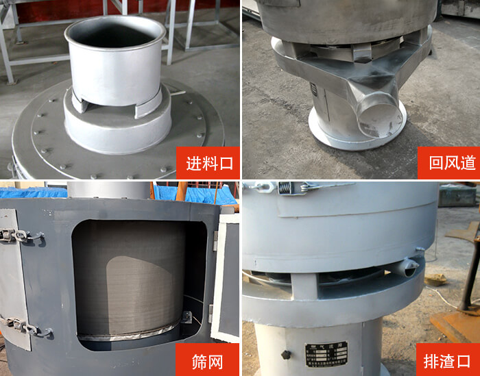 氣流篩分機(jī)進(jìn)料口，回風(fēng)道，篩網(wǎng)，排渣口。