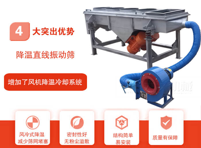 降溫直線振動(dòng)篩性能特點(diǎn)：1，技術(shù)成熟，質(zhì)量可靠，篩分精度高，處理量大。2，風(fēng)冷式降溫系統(tǒng)設(shè)計(jì)，快速有效降溫。3，適用范圍廣，可應(yīng)用于各種需要降溫的物料。4，設(shè)計(jì)精巧合理，結(jié)構(gòu)簡單，易安裝，耗能少，噪音低5，篩網(wǎng)使用壽命長，換網(wǎng)更方便，快捷6，設(shè)備整體密封性好，無粉塵溢散。