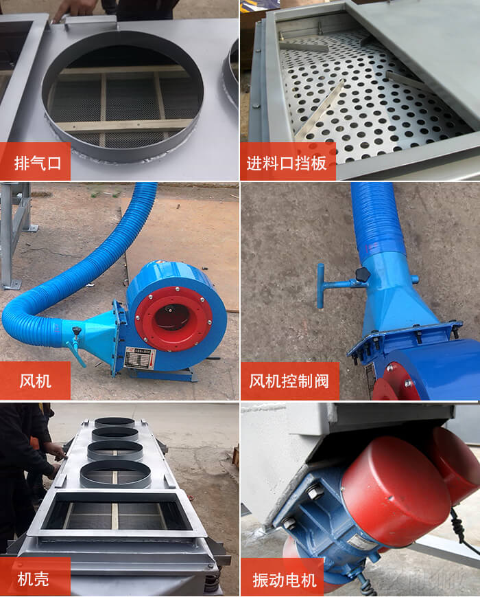  降溫直線振動(dòng)篩細(xì)節(jié)：風(fēng)機(jī)閘門，風(fēng)機(jī)電機(jī)配件，出風(fēng)口，進(jìn)料口，振動(dòng)電機(jī)。
