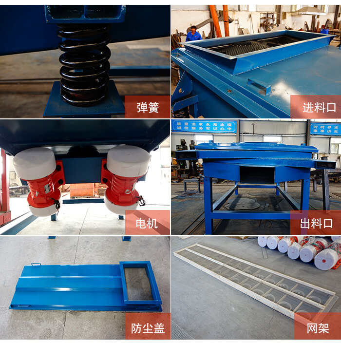 1035直線振動篩細節(jié)展示：出料口，振動彈簧，振動電機，進料口。