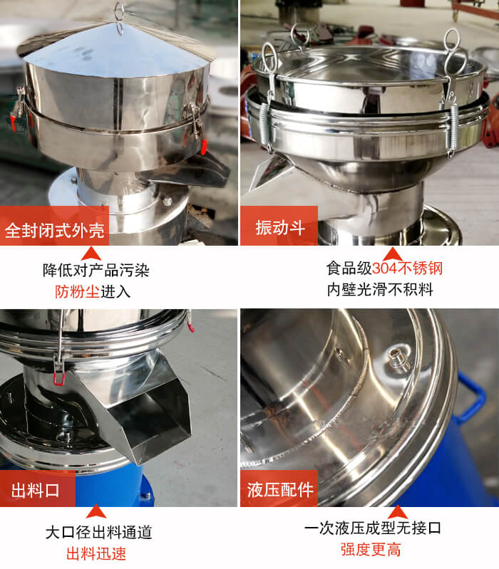 450過濾篩機結(jié)構(gòu)組成：全封閉式外殼設(shè)計：對產(chǎn)品的污染低，防塵粉進入電機內(nèi)部延長設(shè)備壽命。振動斗：食品304不銹鋼篩斗，內(nèi)壁光滑不存在積料現(xiàn)象。出料口，大口徑出料通道，出料迅速，提高工作效率。液壓配件：一次液壓成型無接口強度更高。
