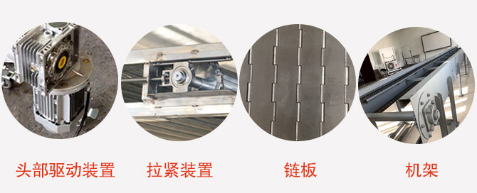 鏈板輸送機(jī)結(jié)構(gòu)：頭部驅(qū)動裝置，拉緊裝置，鏈板，機(jī)架等圖片展示