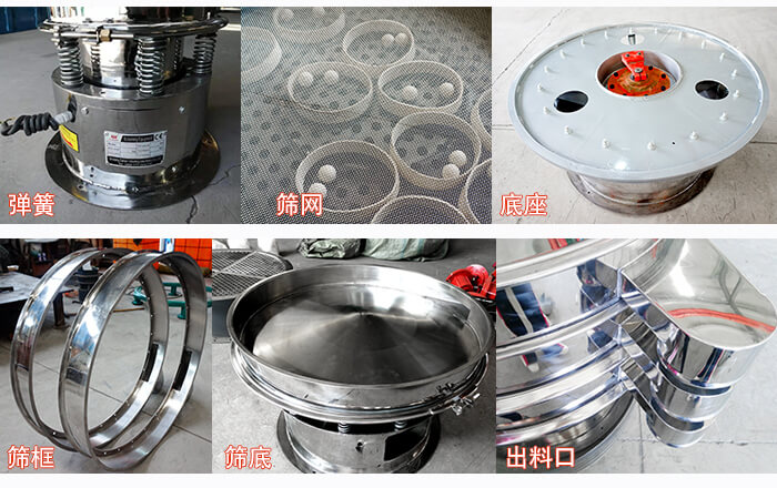 細(xì)節(jié)展示：篩框，篩網(wǎng)，振動(dòng)底座，振動(dòng)體，出料口。