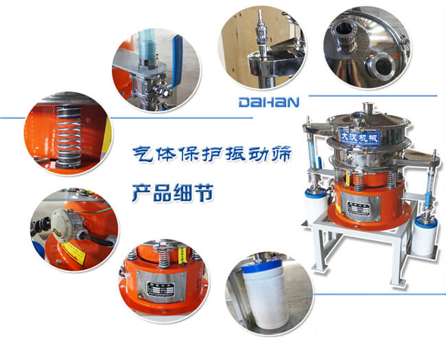 氣體保護(hù)振動篩細(xì)節(jié)：振動彈簧，手動閥門，料罐等。
